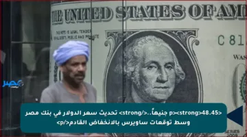 <p><strong>48.45 جنيهاً..</strong> تحديث سعر الدولار في بنك مصر وسط توقعات ساويرس بالانخفاض القادم</p>